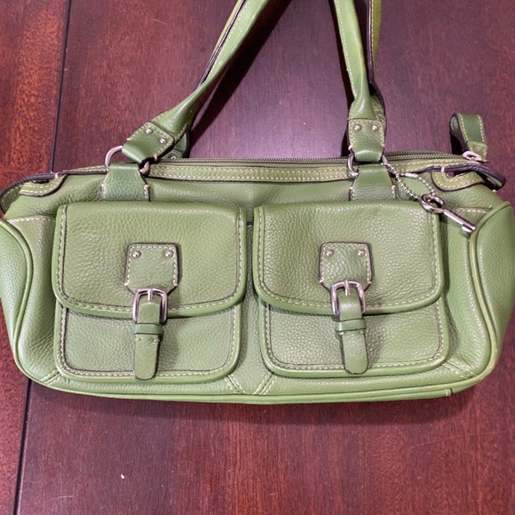 Fossil Green Leather Shoulder Bag with Buckle Pockets - Picture 1 of 3